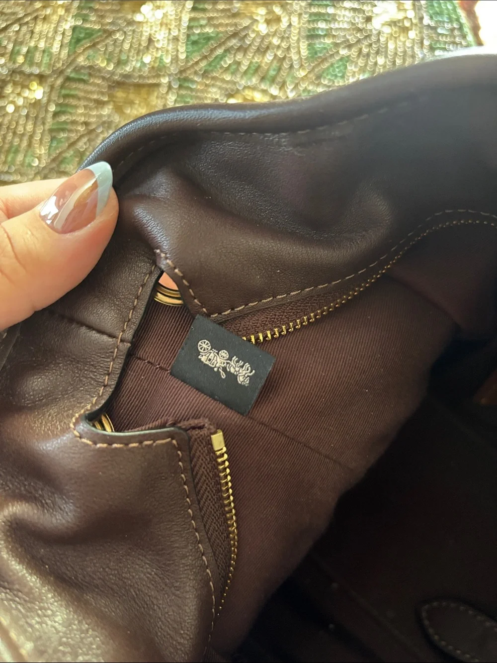 Coach Dark Brown Suede Shoulder Bag with Gold Chain Straps